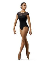 Load image into Gallery viewer, Mirella Boat Neck Watercolor Print Mesh Cap Sleeve Leotard