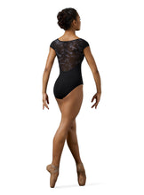 Load image into Gallery viewer, Mirella Boat Neck Watercolor Print Mesh Cap Sleeve Leotard